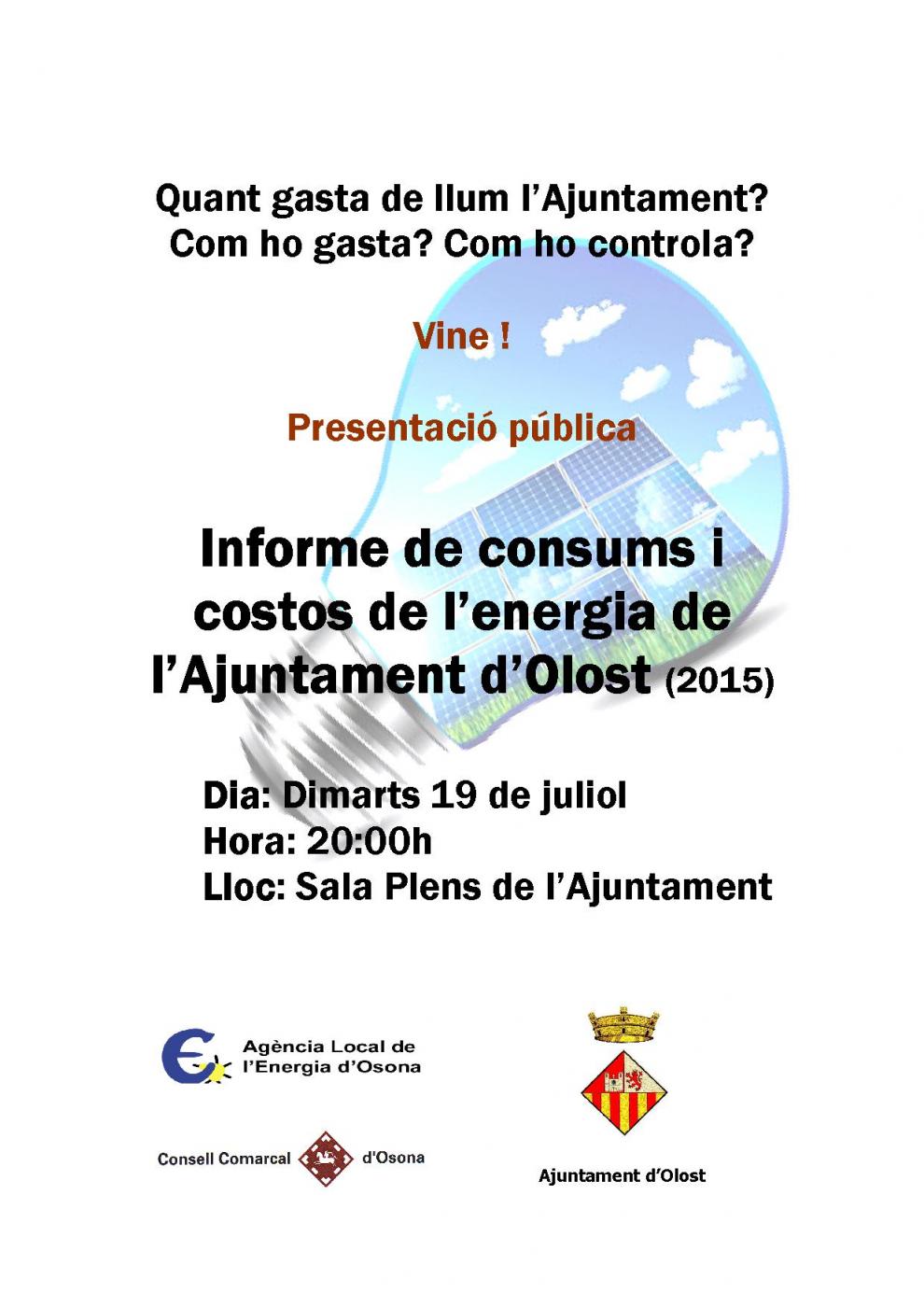 Presentació de l'informe de consums i  costos de l'energia de l'Ajuntament