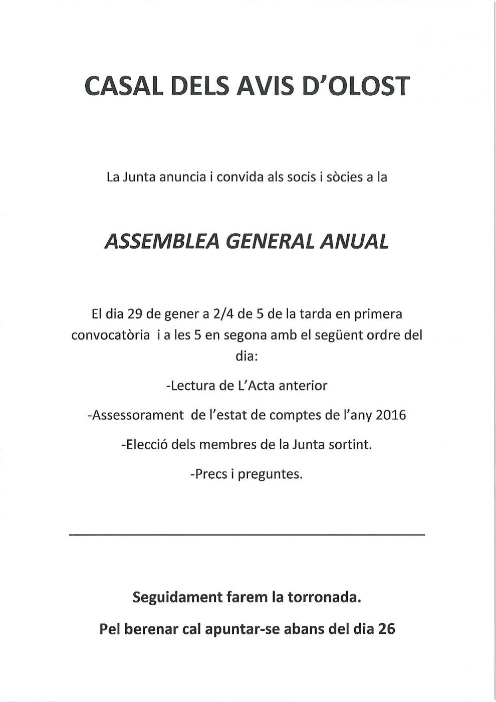 Assemblea General Anual de l'Associació del Casal d'Avis d'Olost