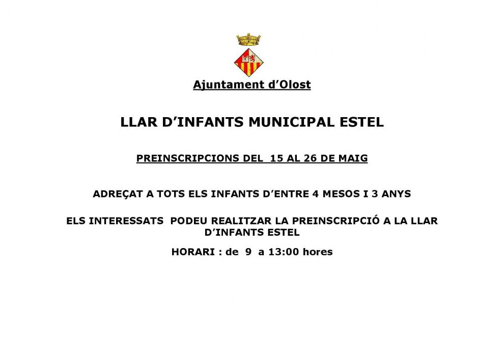 Període de preinscripció d'alumnes a l'Escola Bressol Estel