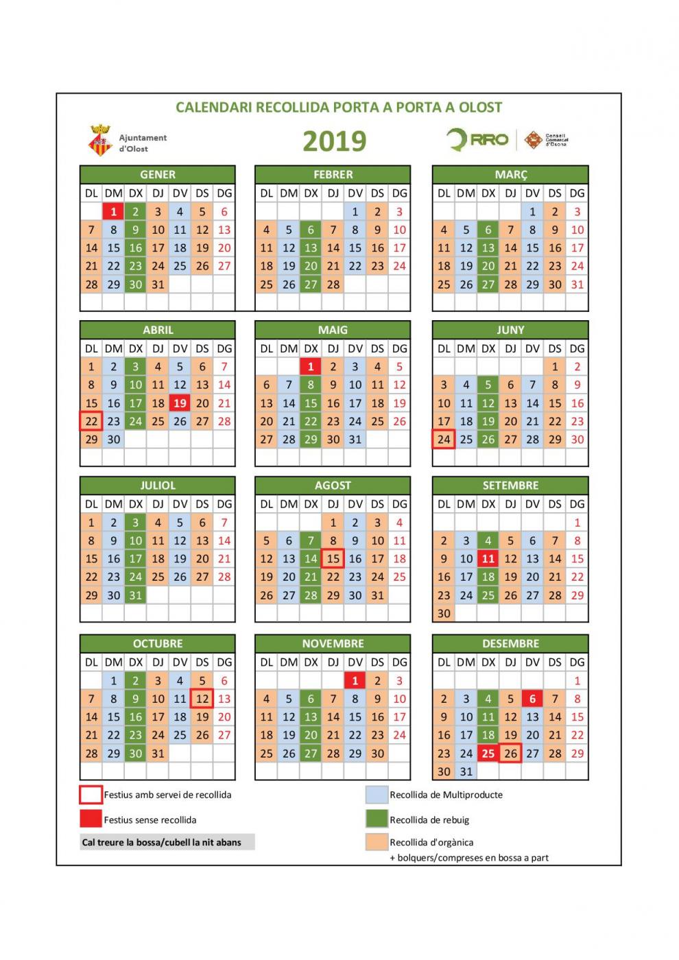 Calendari de recollida de residus porta a porta per l'any 2019