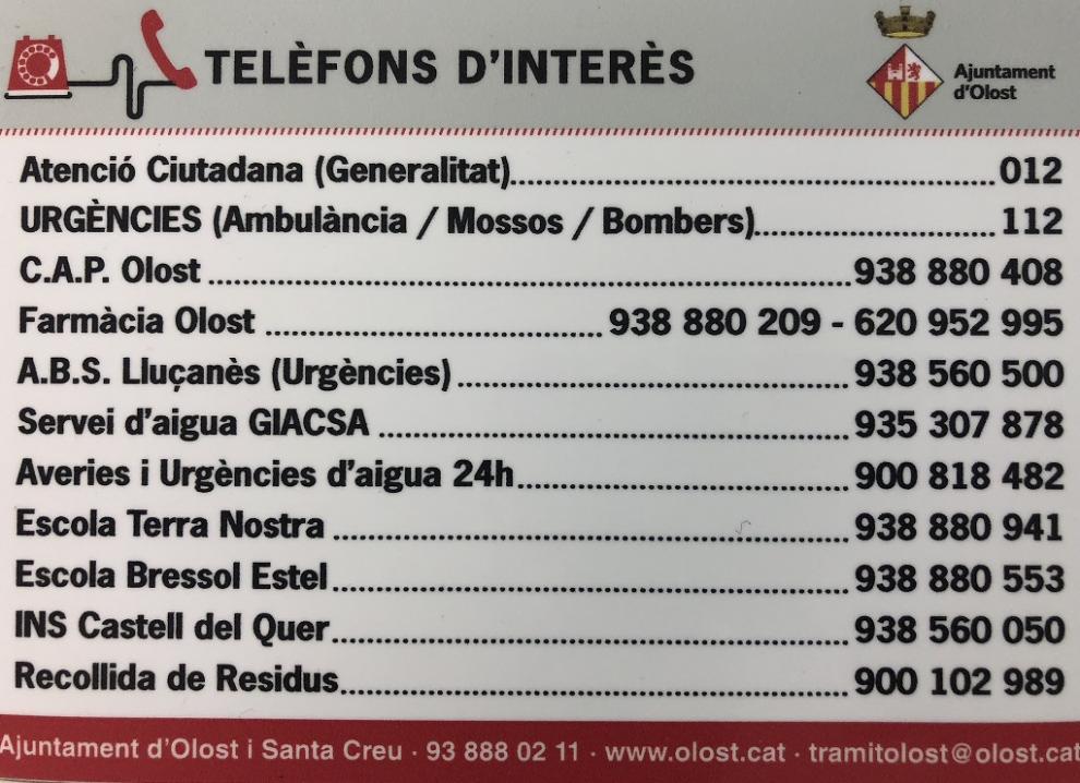 Targetes iman amb els telèfons d'interès per la ciutadania
