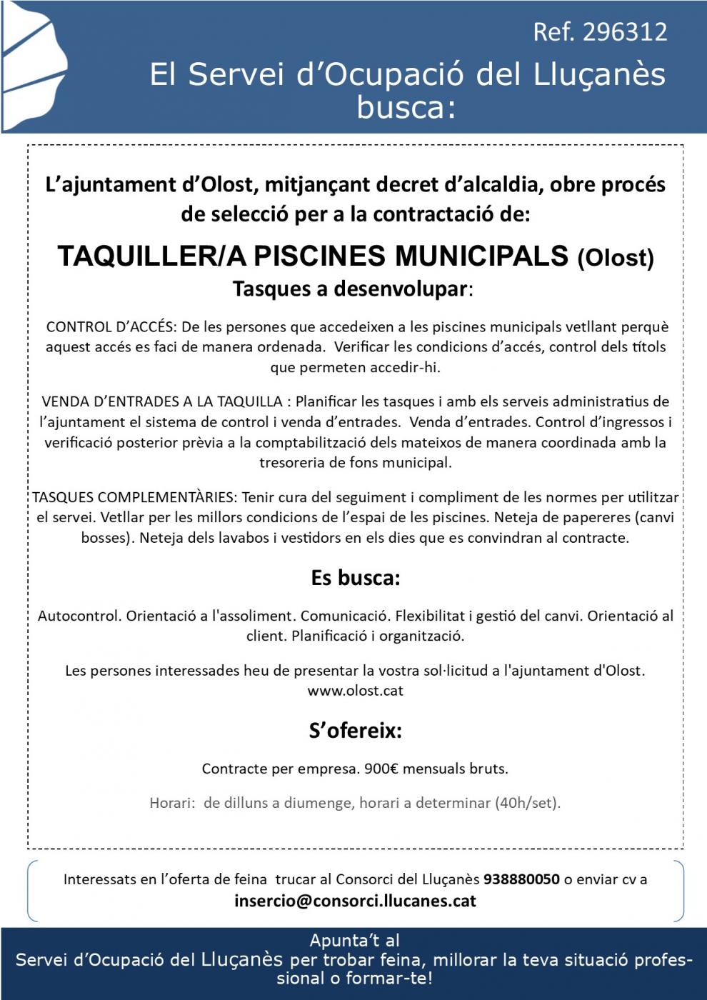 Procés de selecció per la contractació d'un/a porter/a per les Piscines durant la temporada d'estiu de 2020