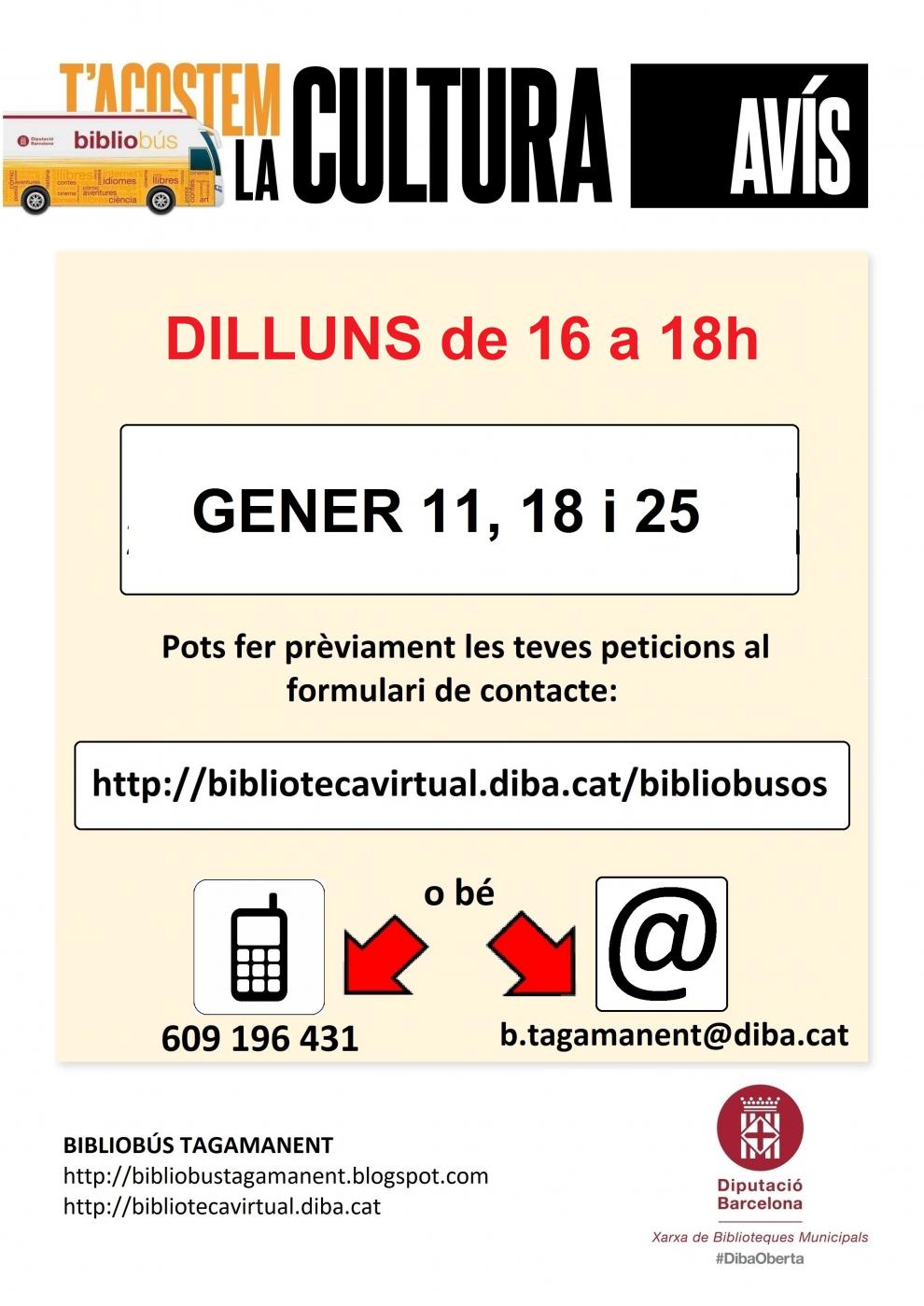 Horaris del Bibliobús Tagamanent durant el mes de gener de 2021