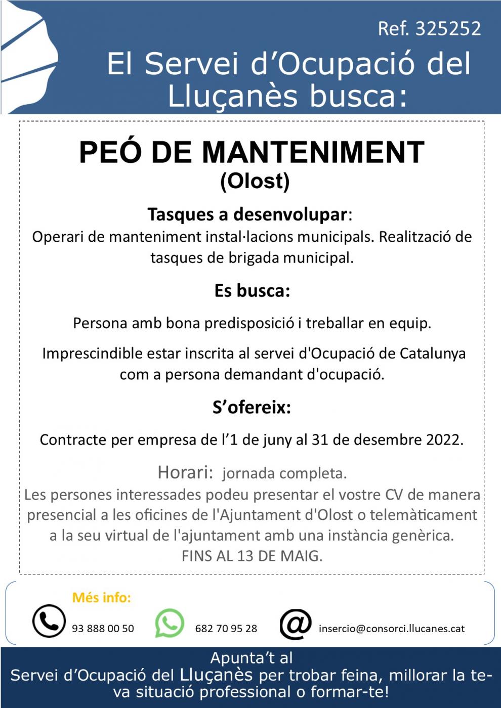 OFERTA DE FEINA: Peó de manteniment a Olost