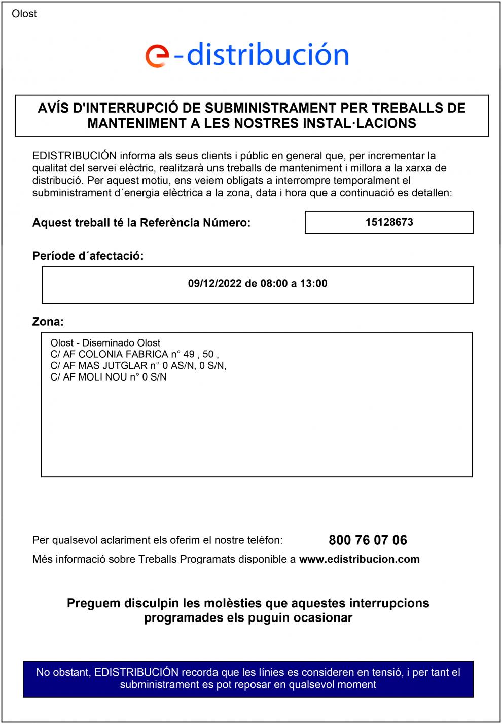 AVÍS TALL DE SUBMINISTRAMENT ELÈCTRIC DIVENDRES 9 DE DESEMBRE